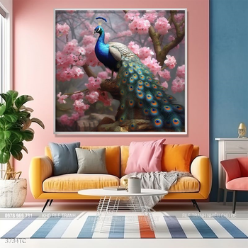 Tranh chim công hoa mẫu đơn decor trang trí tường nhà