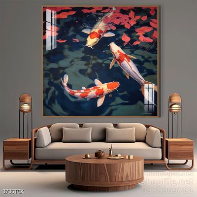 Tranh decor tường phòng khách cá chép hoa sen