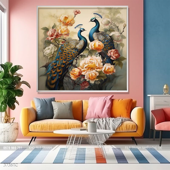 Tranh chim công và hoa mẫu đơn phong thủy