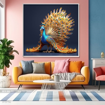 Tranh chim công trong vườn hoa mẫu đơn treo tường