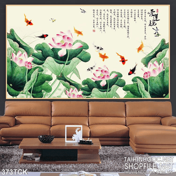 Tranh hoa sen, cá chép thư pháp treo tường