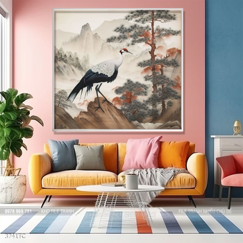 Tranh treo tường hoa mẫu đơn và đôi chim công khổ dọc