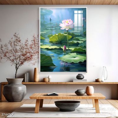 Tranh decor tường phòng khách cá chép hoa sen