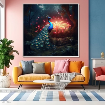 Tranh phòng khách chim công và hoa mẫu đơn treo tường