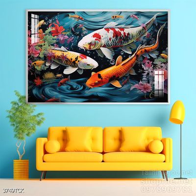 Tranh trang trí phòng khách cá chép hoa sen