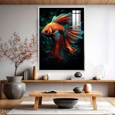 Tranh decor tường phòng khách cá chép hoa sen