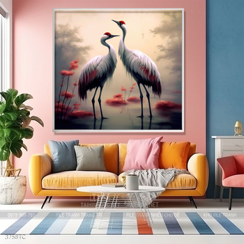 Tranh đôi chim công và hoa mẫu đơn treo tường phòng khách