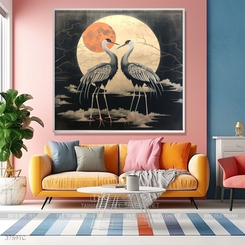 Tranh phòng khách chim công và hoa mẫu đơn treo tường