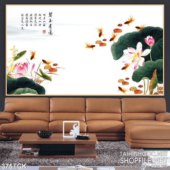 Tranh hoa sen, cá chép thư pháp nghệ thuật