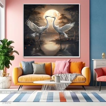 Tranh treo tường hoa mẫu đơn và đôi chim công khổ dọc