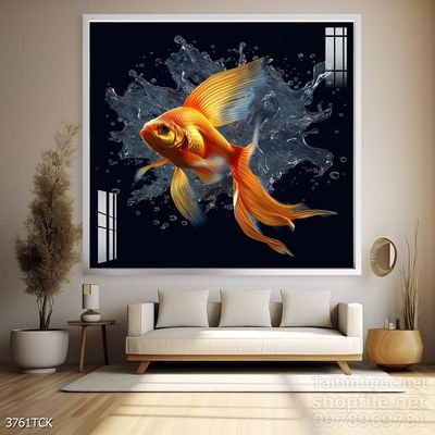 Tranh decor tường phòng khách cá chép hoa sen