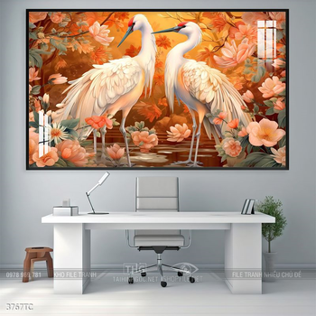 Tranh chim công trong vườn hoa mẫu đơn treo tường