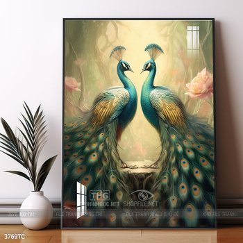 Tranh phòng khách chim công và hoa mẫu đơn treo tường