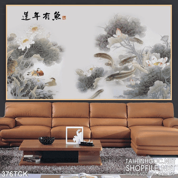 Tranh hoa sen, cá chép thư pháp