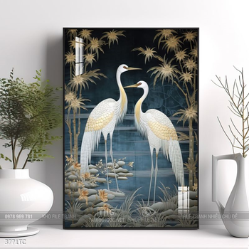 Tranh treo tường hoa mẫu đơn và đôi chim công khổ dọc