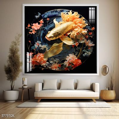 Tranh trang trí phòng khách cá chép hoa sen