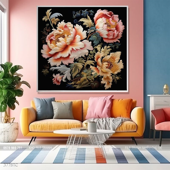 Tranh đôi chim công và hoa mẫu đơn treo tường phòng khách