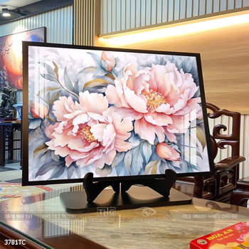 Tranh treo tường hoa mẫu đơn và đôi chim công khổ dọc