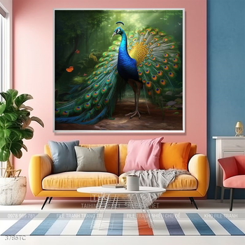 Tranh chim công và hoa mẫu đơn phong thủy