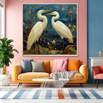 Tranh chim công trong vườn hoa mẫu đơn treo tường