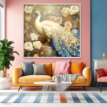 Tranh treo tường hoa mẫu đơn và đôi chim công khổ dọc