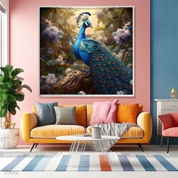 Tranh treo tường phong thủy chim công và hoa mẫu đơn