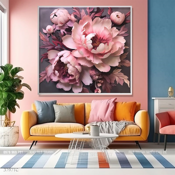 Tranh chim công trong vườn hoa mẫu đơn treo tường