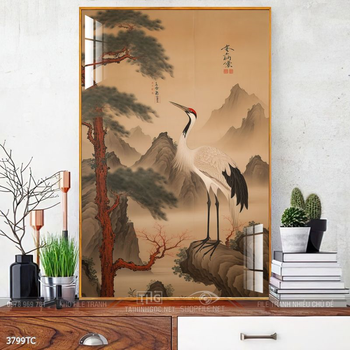 Tranh phòng khách chim công và hoa mẫu đơn treo tường