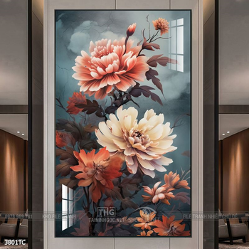 Tranh treo tường hoa mẫu đơn và đôi chim công khổ dọc