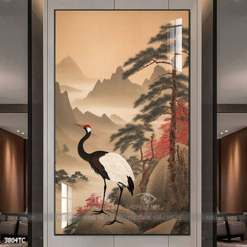 Tranh chim công hoa mẫu đơn decor trang trí tường nhà