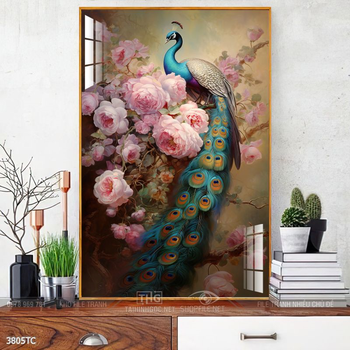 Tranh hoa mẫu đơn và chim công