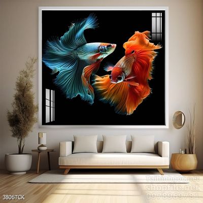 Tranh decor tường phòng khách cá chép hoa sen