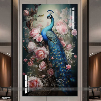 Tranh chim công trong vườn hoa mẫu đơn treo tường