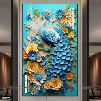 Tranh đôi chim công và hoa mẫu đơn treo tường phòng khách