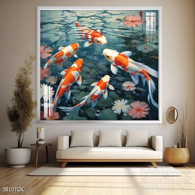 Tranh trang trí phòng khách cá chép hoa sen
