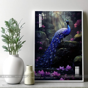Tranh treo tường hoa mẫu đơn và đôi chim công khổ dọc