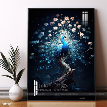 Tranh treo tường phong thủy chim công và hoa mẫu đơn