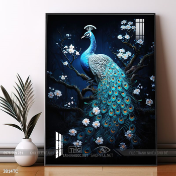 Tranh chim công hoa mẫu đơn decor trang trí tường nhà