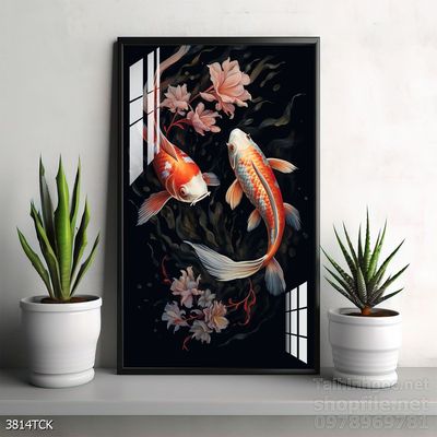 Tranh decor tường phòng khách cá chép hoa sen