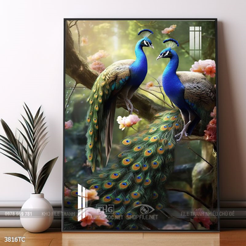 Tranh chim công và hoa mẫu đơn phong thủy