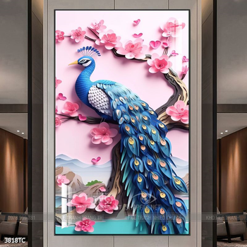 Tranh đôi chim công và hoa mẫu đơn treo tường phòng khách