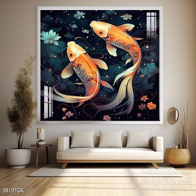 Tranh trang trí phòng khách cá chép hoa sen