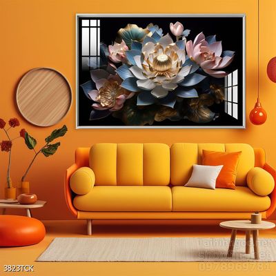 Tranh decor tường phòng khách cá chép hoa sen