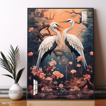 Tranh chim công trong vườn hoa mẫu đơn treo tường