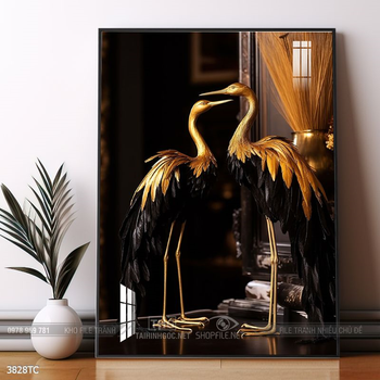 Tranh đôi chim công và hoa mẫu đơn treo tường phòng khách