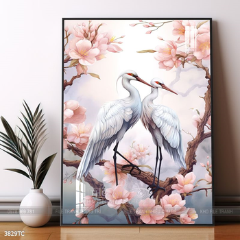 Tranh phòng khách chim công và hoa mẫu đơn treo tường