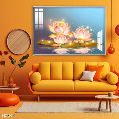 Tranh decor tường phòng khách cá chép hoa sen