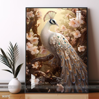 Tranh hoa mẫu đơn và chim công