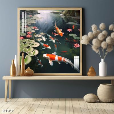 Mẫu tranh decor tường cá chép hoa sen