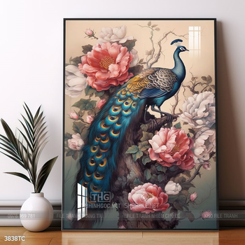 Tranh đôi chim công và hoa mẫu đơn treo tường phòng khách